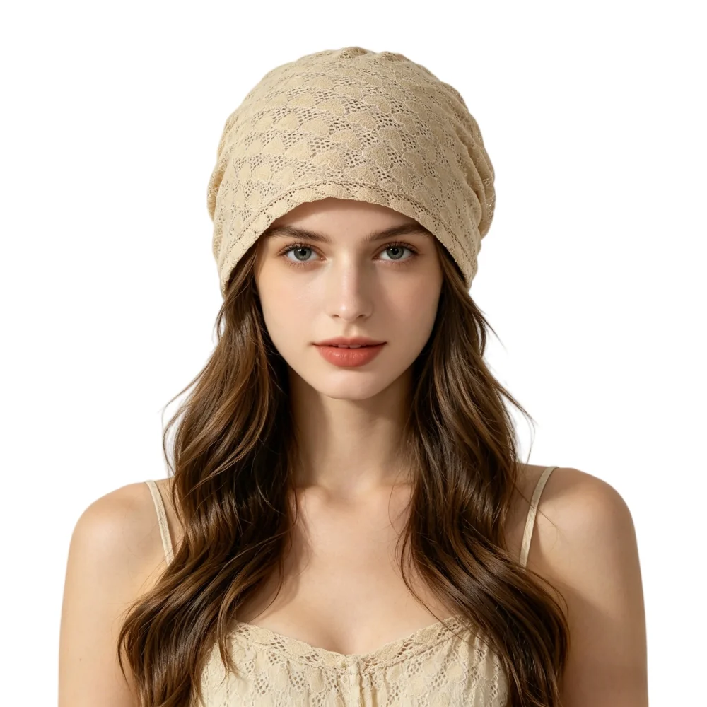 Beige Lace Heart Mesh Beanie Hat for Women - Lightweight Breathable Slouchy Bonnet, Casual Summer Outdoor Head Wrap Cap