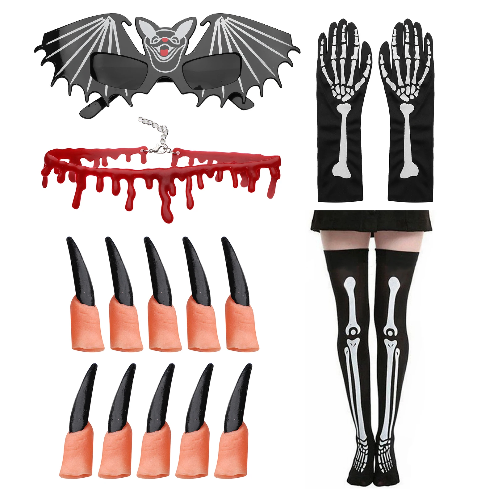 Halloween Scary Bat Costumes Bat Sunglasses Blood Drip Choker Skeleton Gloves Stockings Fake Fingers Nails 5-Piece Cosplay Props