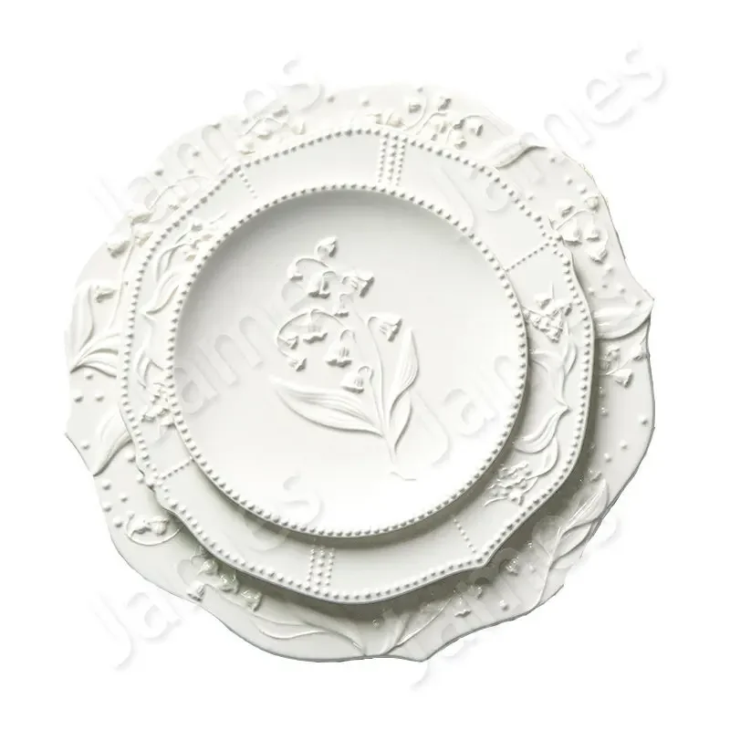 Ceramic Plates Relief Style Dinner Plate Valley Lily Pattern Ceramic Plate Tableware Steak Dishes Household Use Dinner Plates