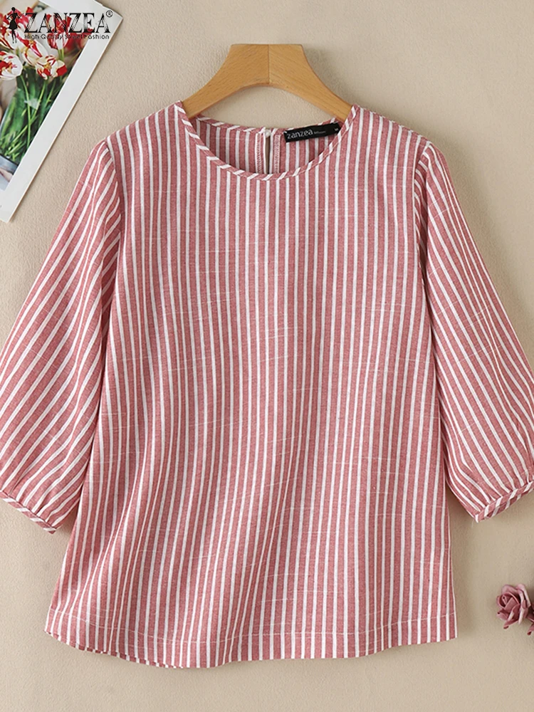 ZANZEA-Camiseta de trabajo elegante para mujer, blusa estampada a rayas, Blusas informales holgadas para vacaciones, Tops holgados de manga 3/4 con cuello redondo a la moda