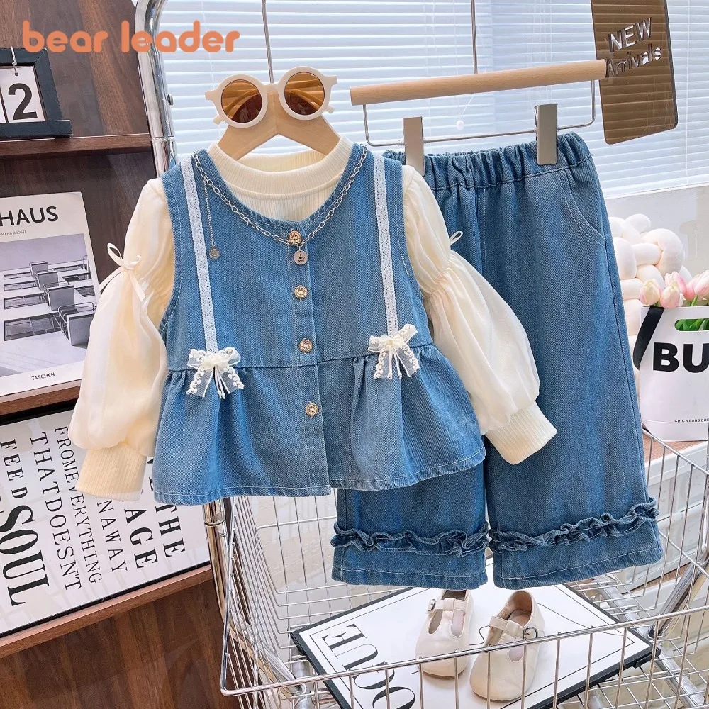 

Bear Leader 2025 Autumn New Kids Clothes Girls Fashion Denim Vest+Long Sleeved Beige Base Shirt Top+Pants Children's Sets