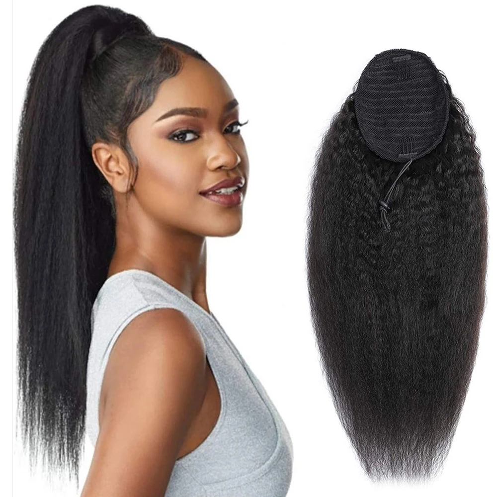 

10-26 Inches Kinky Straight Ponytail Human Hair Remy Extension Natural Black #1B Wrap Around Drawstring In Ponytail For Women