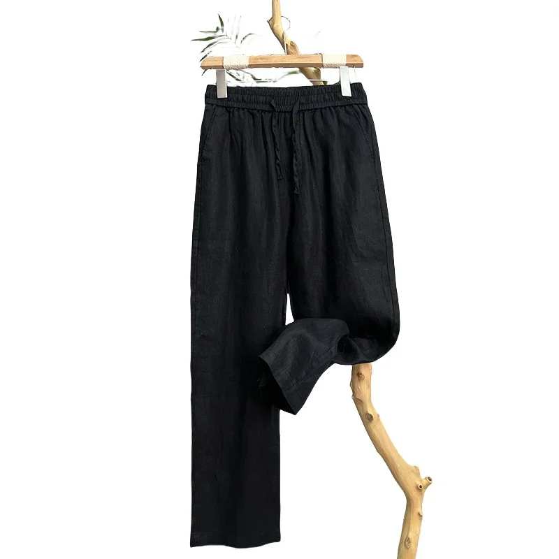 Linho natural pele pura respirável verão cor pura moda linho fino ajuste masculino solto 100% linho em linha reta calças casuais