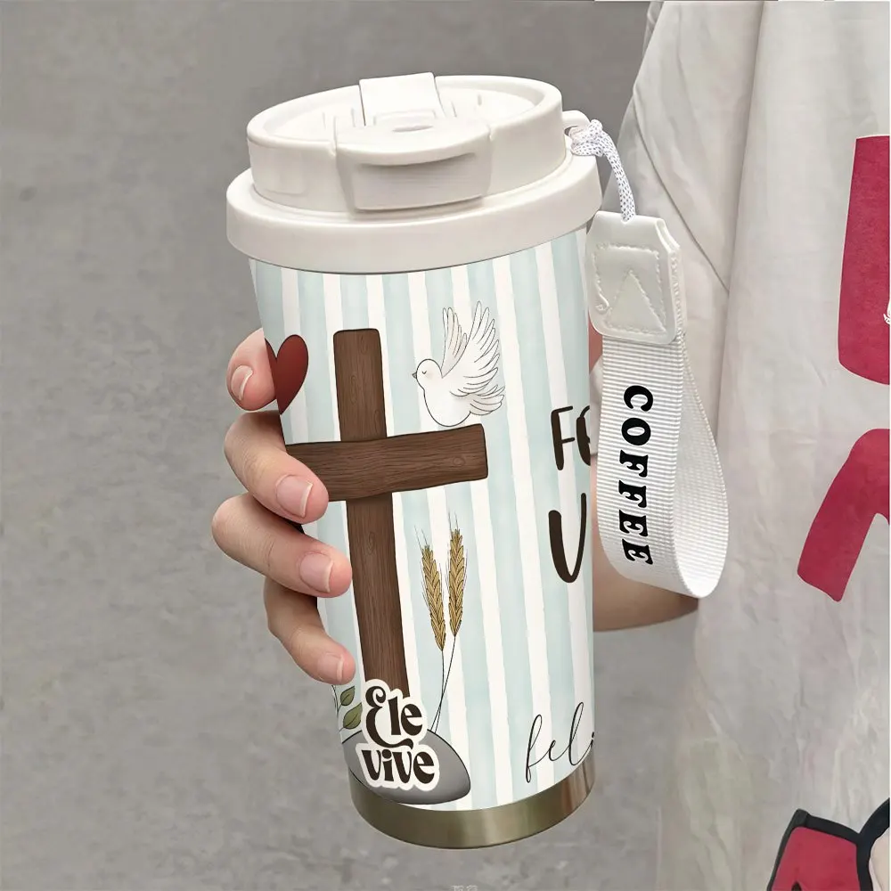 1pc 18oz Stainless Steel Insulated Water Bottle with Straw, Leak-Proof Lid, and Wrist Strap - Jesus Christ Religious Design