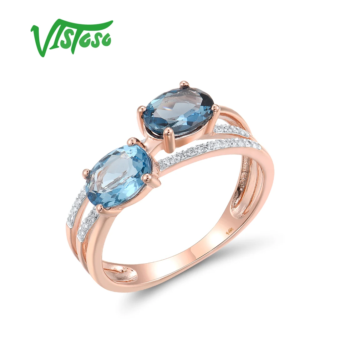 

VISTOSO Authentic 14K 585 Rose Gold Ring For Women Sparkling Diamond Blue Topaz Charming Elegant Wedding Party Gift Fine Jewelry