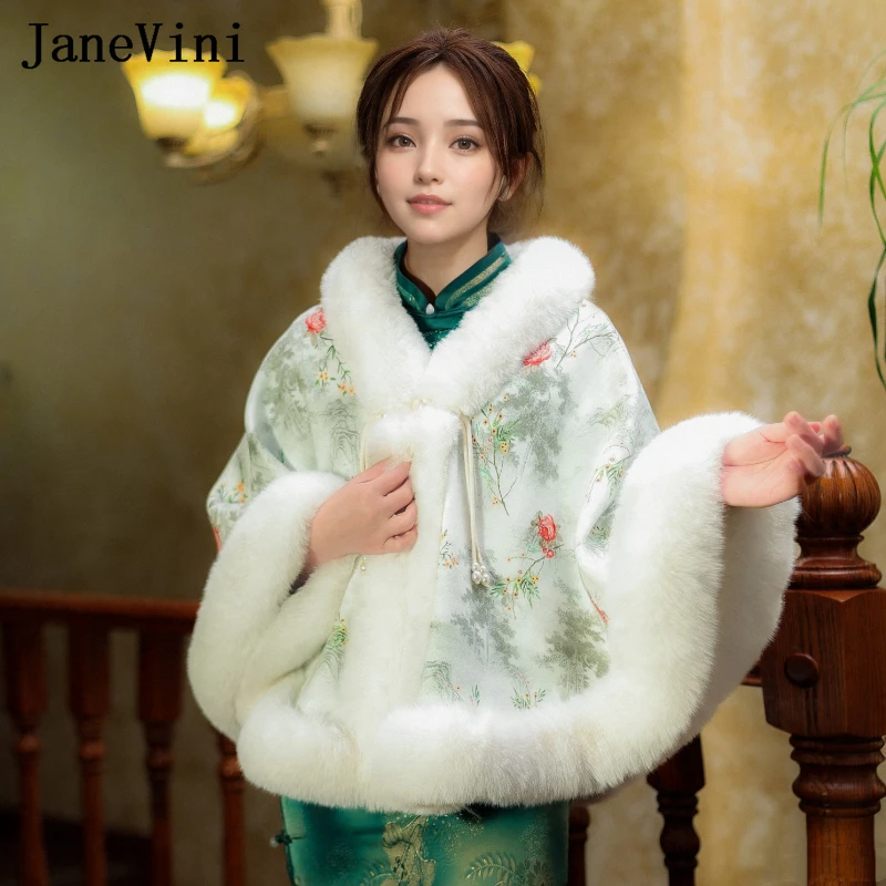 JaneVini Floral Faux Fur Bridal Cape Wedding Bolero Fourrure De Mariage Women Party Bride Cloak Shrug Wraps Shawl Jackets Winter