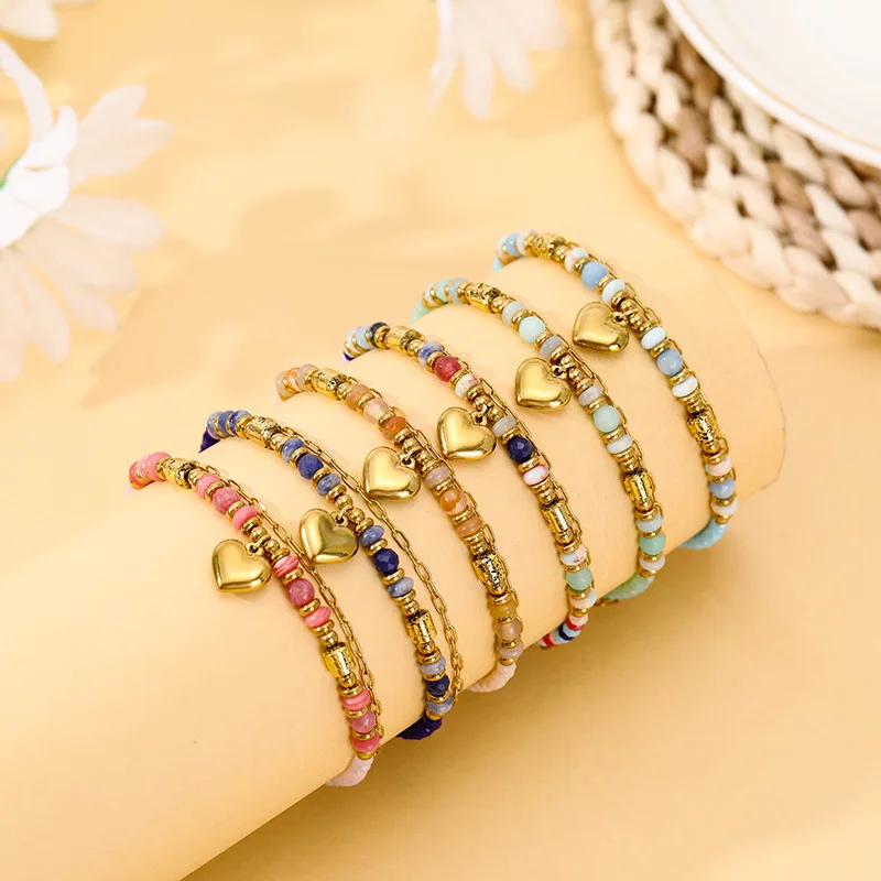 

Stainless Steel Bracelet Bohemian Natural Stone Beaded Crystal Heart Charm Bracelet Double Layer Fashion Jewelry for Women