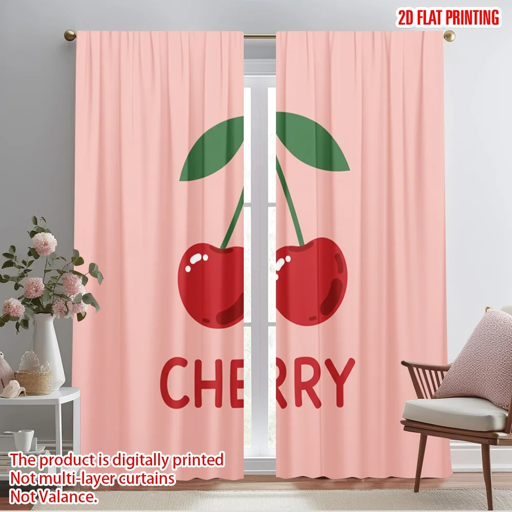 

2pcs 2D flat printing Scene Curtain Cute Cherry Fruit Design 100% Polyester Without Electricity Festive Holiday Use for Holiday