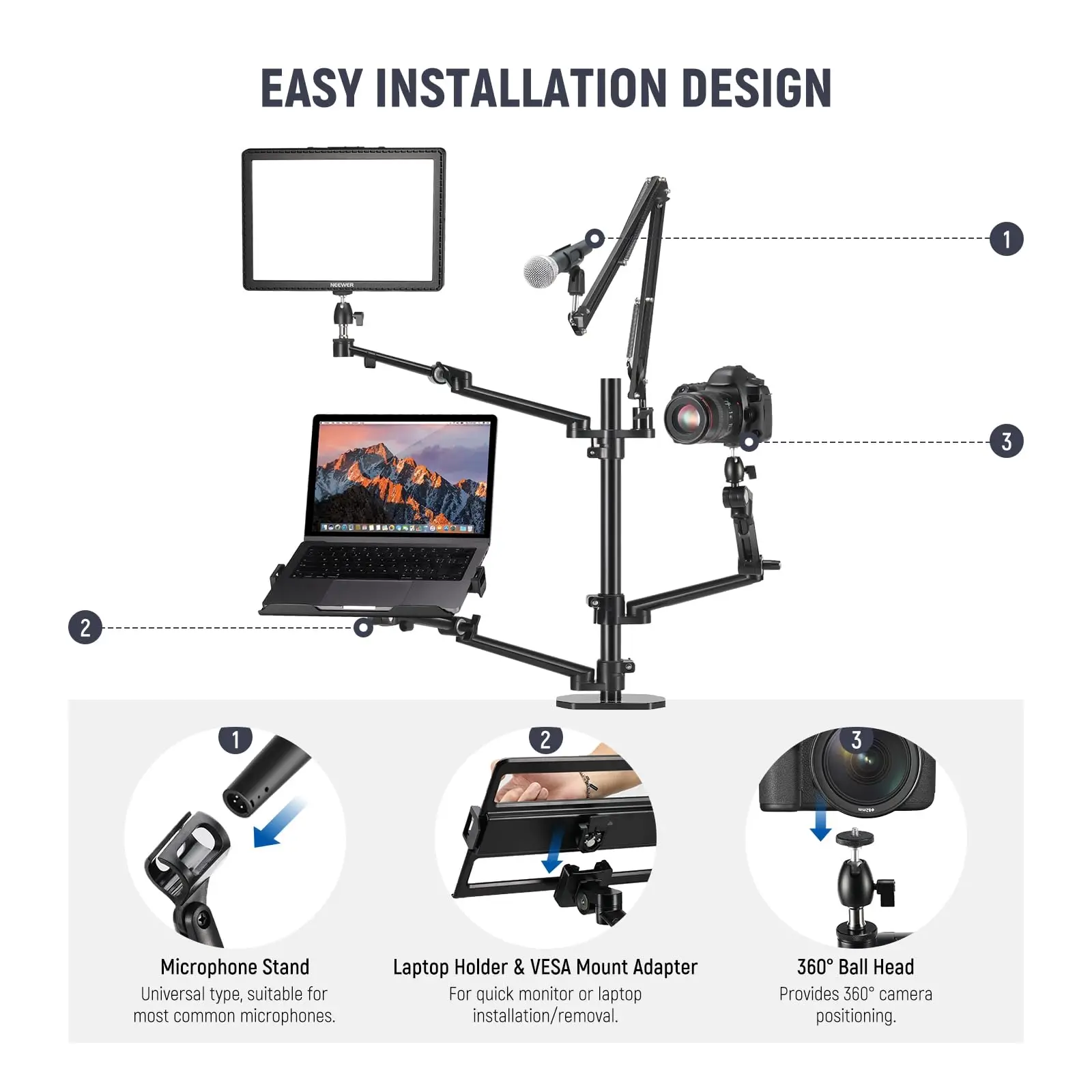 NEEWER DS007 Overhead Camera Stand Desk Mount Rig with 4 Arms for Photography Video Light Ring Light Phone Mount Webcam Mic