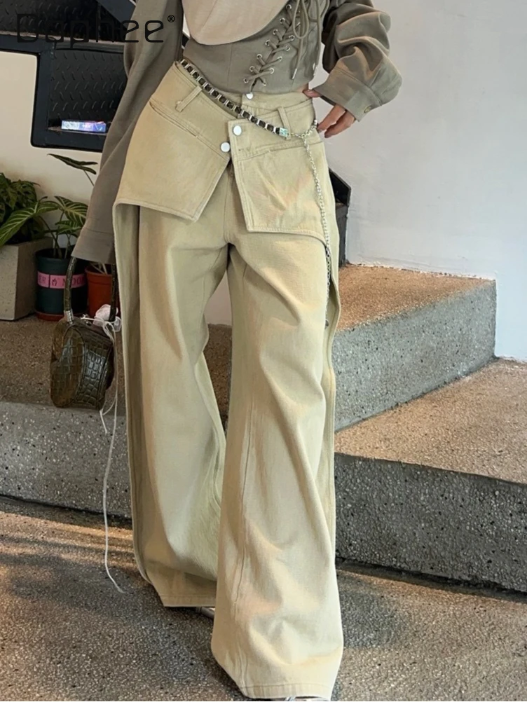 

Корейские модные лоскутные брюки-карго для девочек, женские осенне-зимние однотонные модные универсальные тонкие широкие брюки с высокой талией