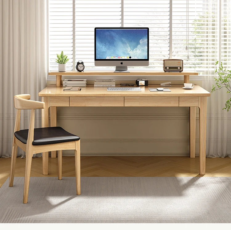 Nordic solid wood desktop computer desk with bookshelf, simple household student writing desk with keyboard stand for school use view 6