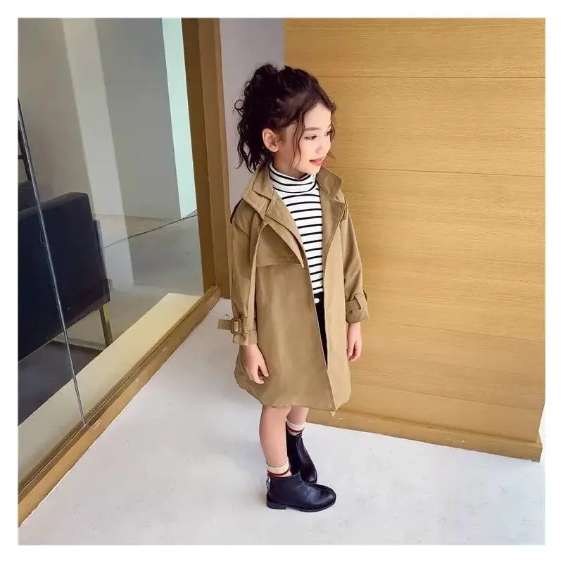 

Girls Fashionable Korean Style Mid-Length Trench Coat New Spring Autumn Jacket for Children Big Kids Outerwear Daily Wear Coat