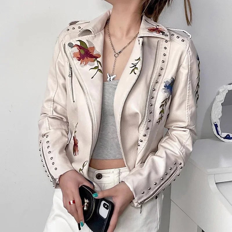 Hohe Qualität Vintage Blume Stickerei Faux Pu Leder Mantel Beige Schwarz Revers Langarm Casual Weibliche Biker Jacke Streetwear