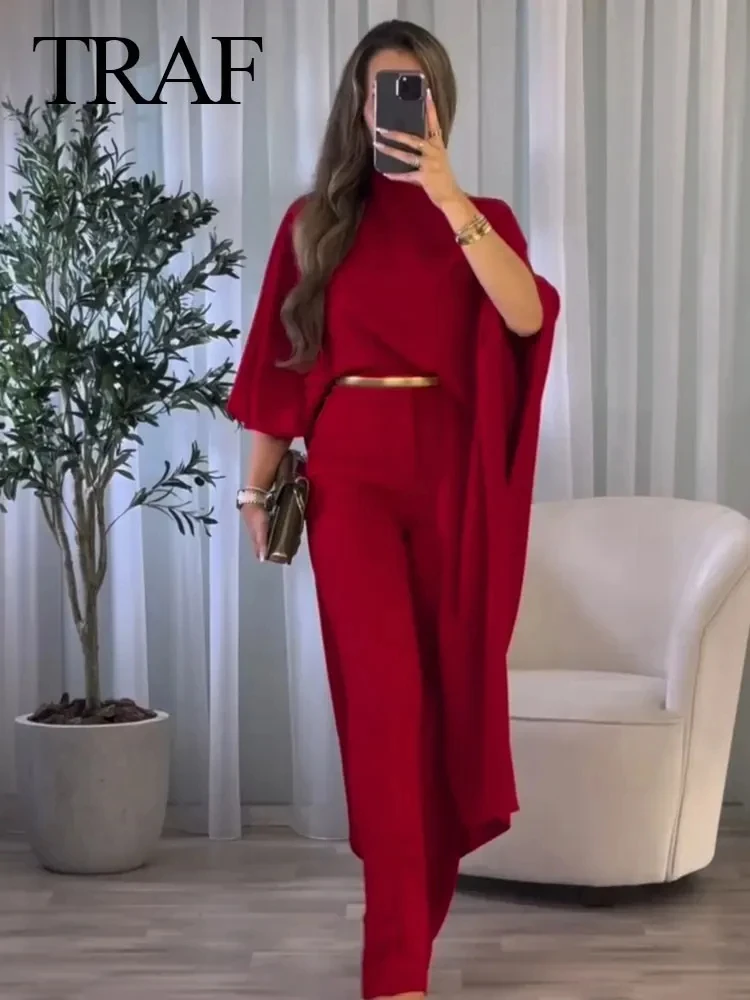 TRAF Spring Women\'s Asymmetric Cape Style Red Satin Shirt Fashionable Round Neck Women\'s Casual Long Shirt Holiday Style 2024