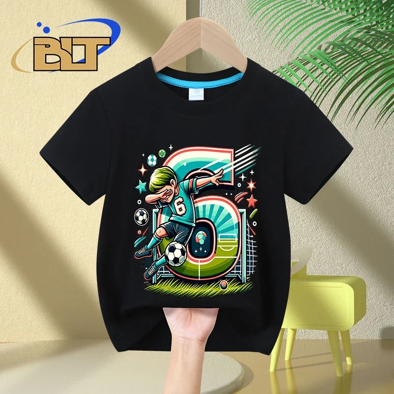 T-shirt de manga curta de fã de futebol, roupa de algodão para menino de 6 anos, aniversário e verão