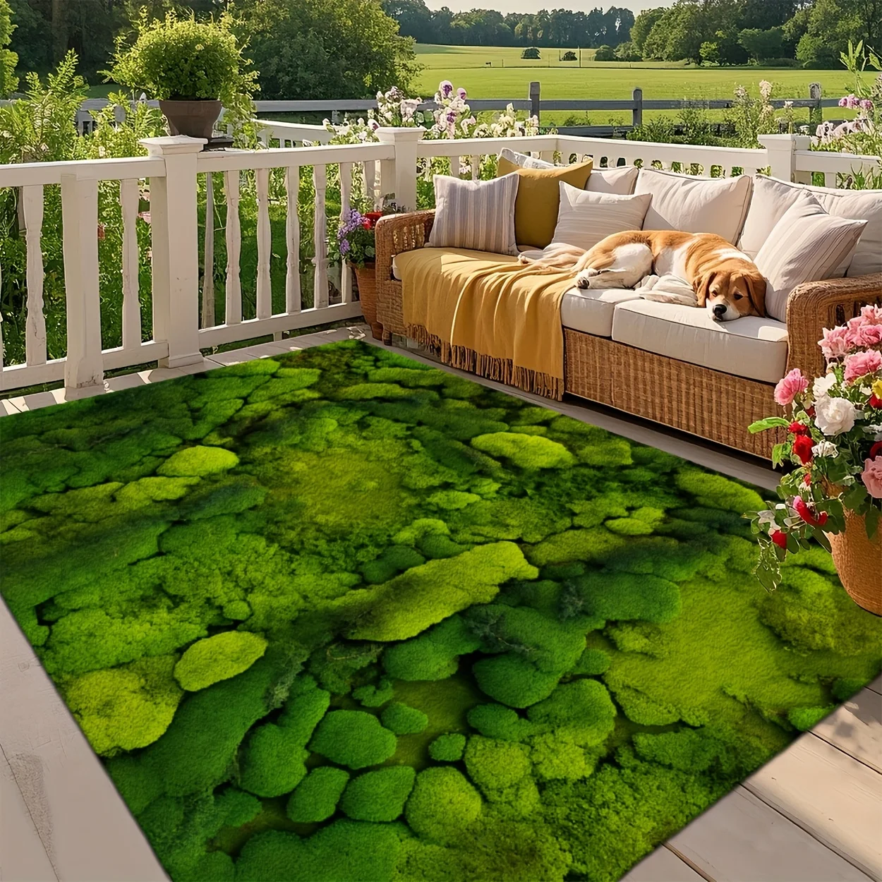 Moss Green Nature Print Outdoor Rug, Washable for Patio Courtyard Living Room Indoor‑Outdoor Decor