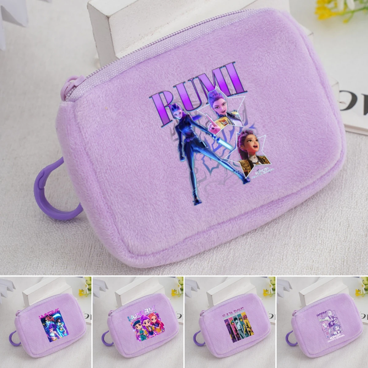 

Plush Cartoon KPop Demon Hunters Pattern Square Zipper Coin Purse Card Holder Key Earphone Pouch Bag Women Wallet Birthday Gifts
