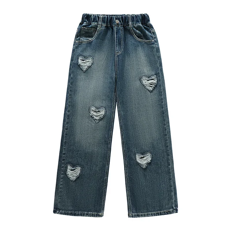 Korean Style Kids Ripped Jeans for Teen Girls with Hearts Fashion High Waist Teenager Denim Pants Long Trousers 5 7 9 11 13 14 Y