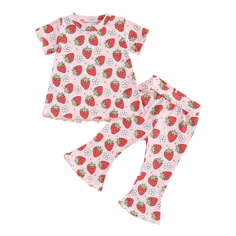 

Little Girls Ribbed Outfits Strawberry Print Round Neck Short Sleeve Tops Elastic Waist Flare Pants Toddler Summer Outfits