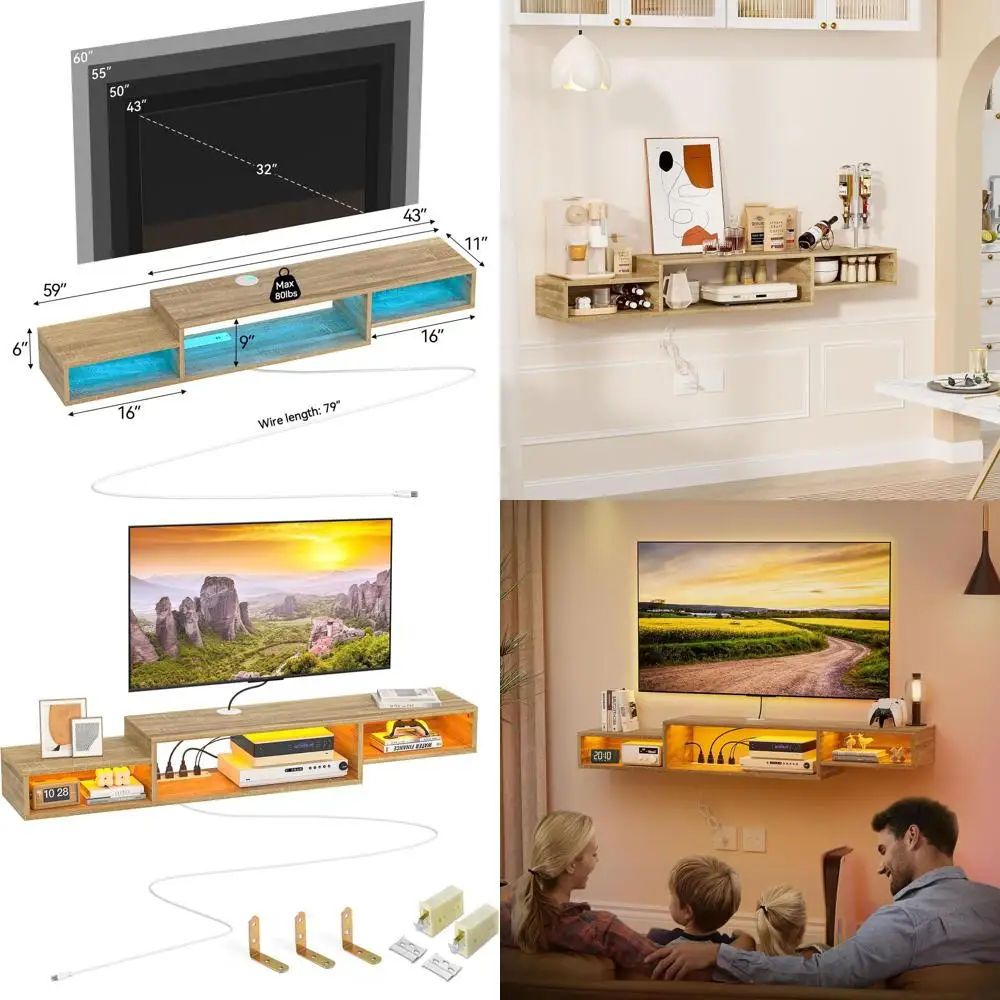 

Плавающая подставка для телевизора с 59 светодиодами и полками для хранения, отделка из дуба