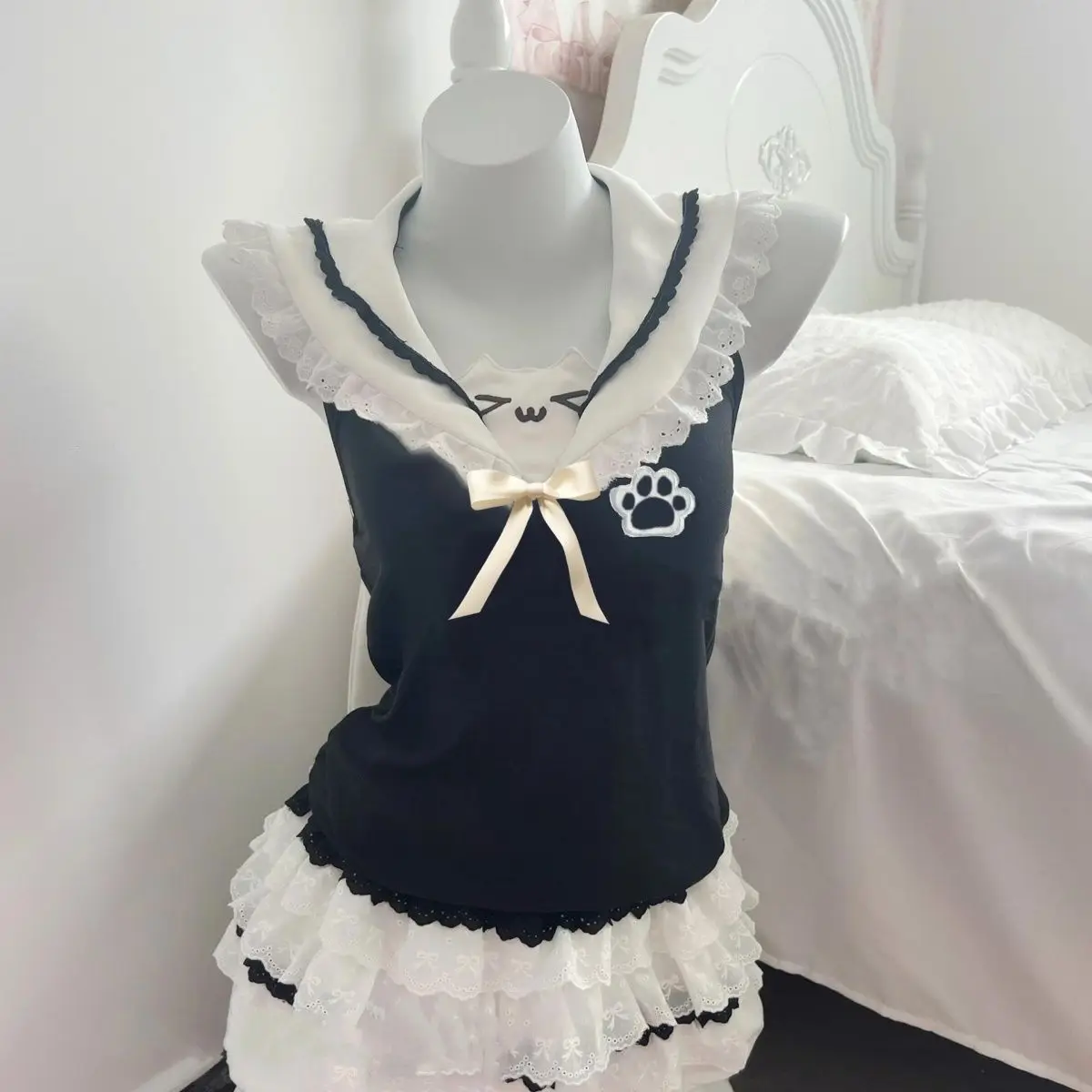 

Gagaok 2026, японский милый милый жилет с котом, темно-синий воротник, топ без рукавов с бантом, мягкая футболка для девочек, платье для дочки, летнее женское платье