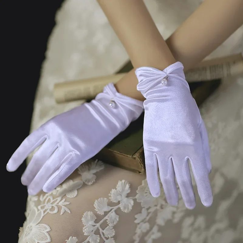 1Pair Home Bridal Wedding Hand Gloves White Satin Gauze Pearl Woman  Wrist Length Ladies Fingered Gloves