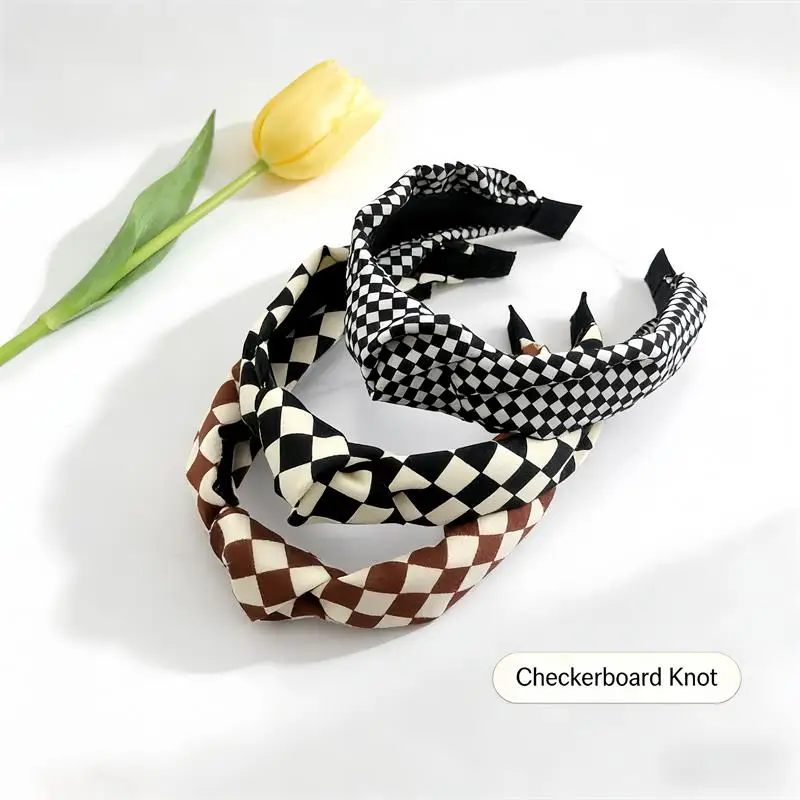 

Fashion Checkerboard Knotted Headband for Women Vintage Twist Hair Hoop Non-Slip Hair Accessory for Daily Wear and Parties