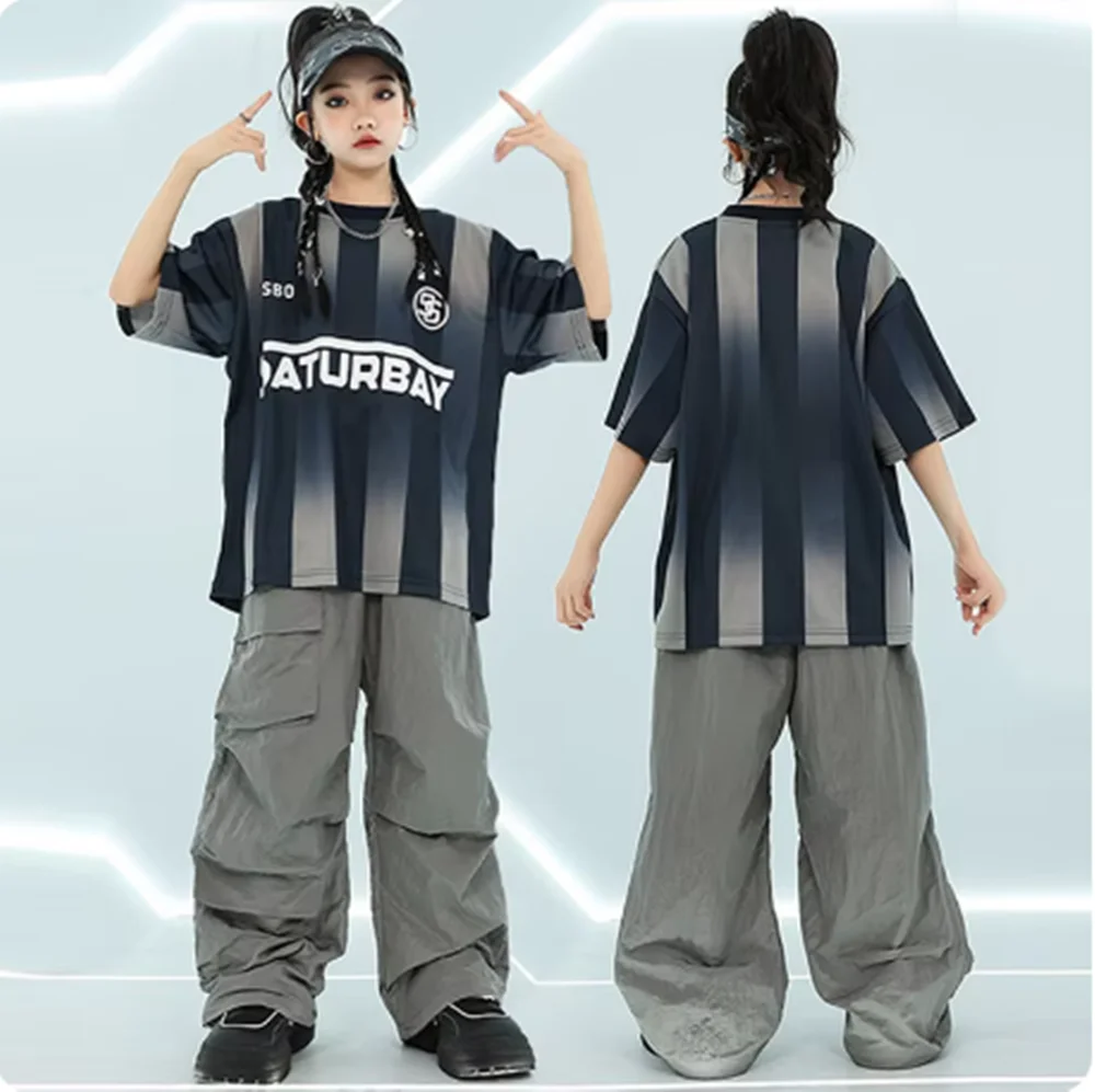 

Children Jazz Dance Streetwear Boys Street Dance Costume Girls Hip Hop Performance Outfit Oversize Stripe Shirt Cargo Pants