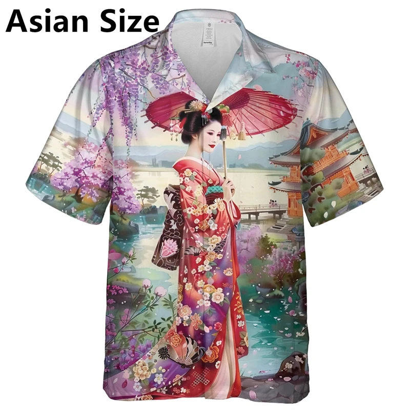 Fashion Japanese Geisha Graphic Shirts Trend Summer Short Sleeve Men Women 3D Printed Blouse Loose Streetwear Harajuku Shirts