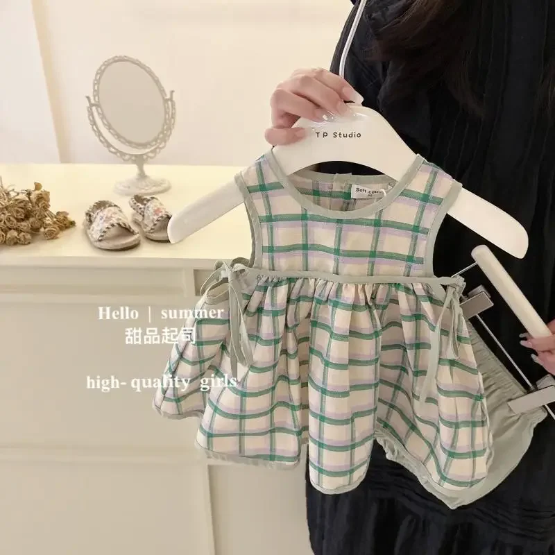 Children's Cloth Baby Summer Set Girls' Summer Green Checkered Doll Shirt Tank Skirt+Solid Color Shorts Cute Two Piece Set 2023