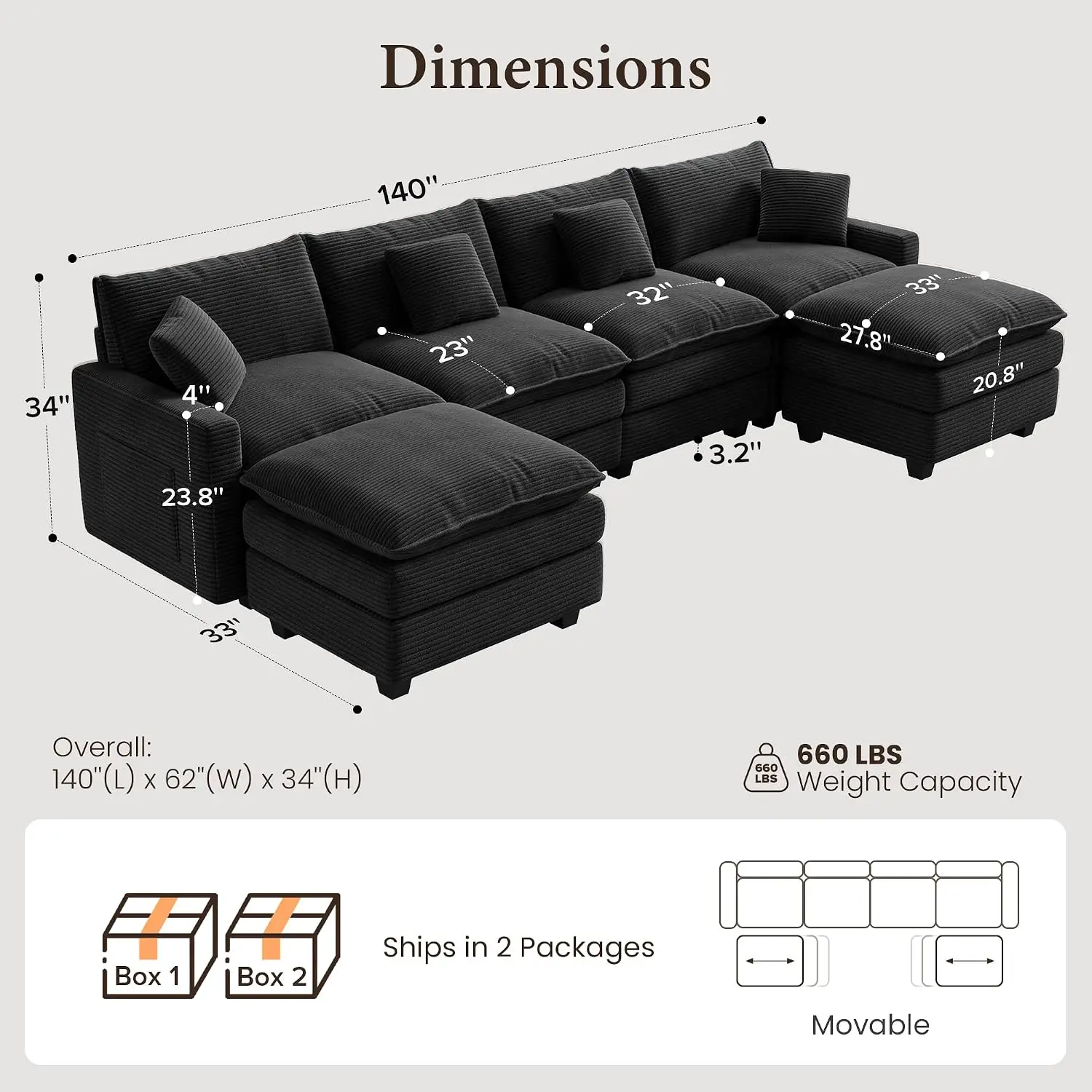 Cloud Modular Sectional Sofa Couch for Living Room, Black, Customized