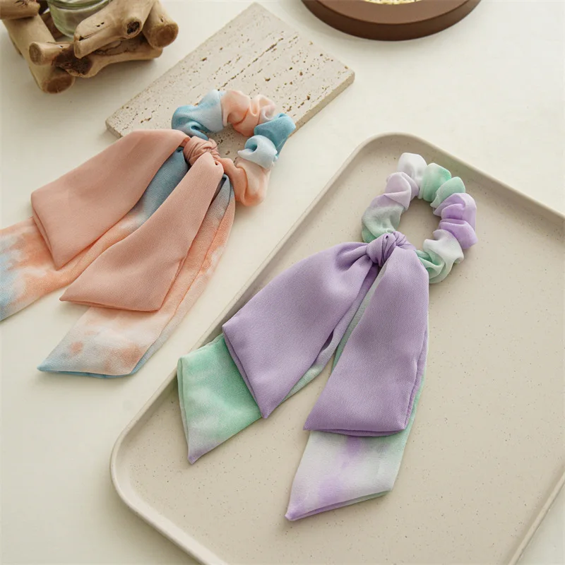 2022 Fashion New Women Hair Accessories Tie Dye Chiffon Double Ribbon Hair Band Long Knot Hair Scrunchies Circle Head Rope