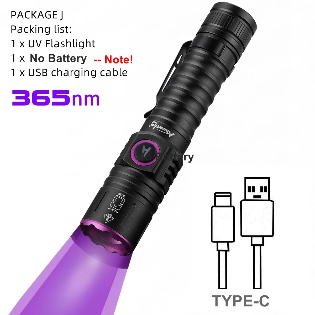 Zoom UV-LED-Taschenlampe 365 395 nm Typ-C-Aufladung, unsichtbare Tinte, Marker, Katze, Hund, Urin, Tinea, Erz, Geld, Skorpion, Fluoreszenzlicht