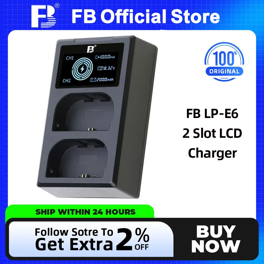 FB LP-E6 Camera Battery Dual Slot LCD Charger for Canon EOS R5 R6 R7 R5C R6II 90D 80D 70D 60D 5D4 5D3 5D2 7D Mark II 6D2 Camera