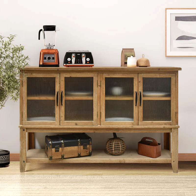 

Home Solid Wooden Side Cabinet High Quality Natural Rustic Long Sideboard Glass Door Home Furniture Living Room Entry