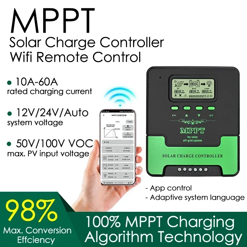 MPPT Solar Charge Controller 12V 24V WIFI 10/20/30/40/50/60A Solar Panel Battery Regulator LCD Display Dual USB Solar Controller