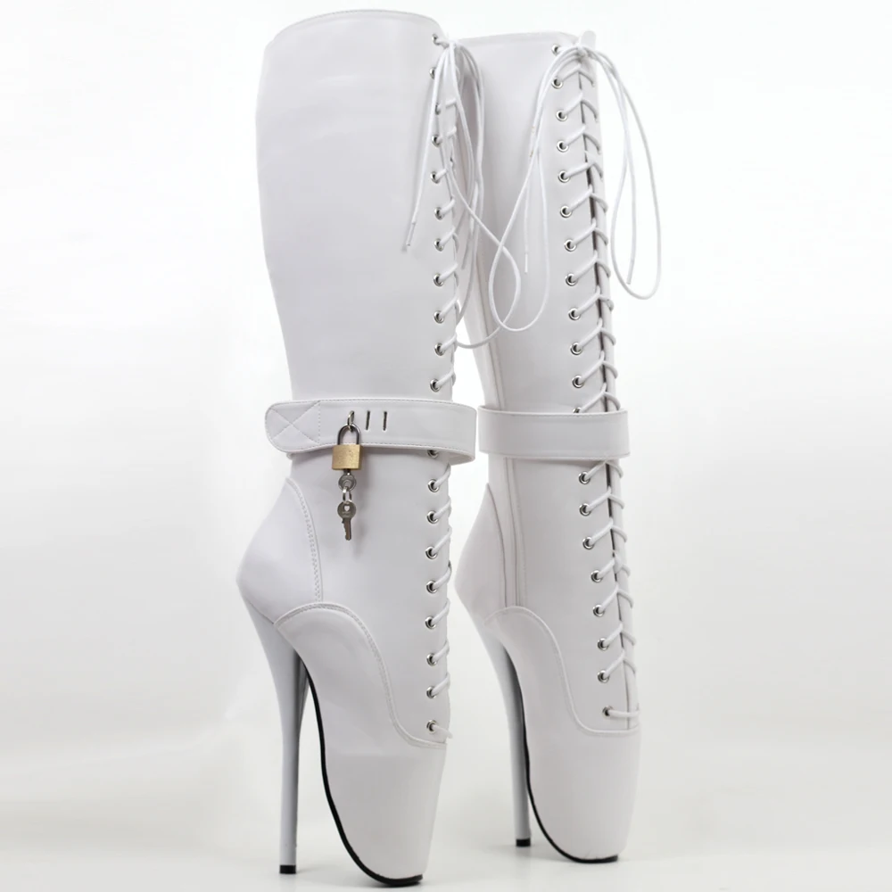 

New 18cm/7" High Heel LOCKY Lockable Ballet Boots Women Cross-tied Fetish Sexy Pinup Spike Heels Knee-high Boots