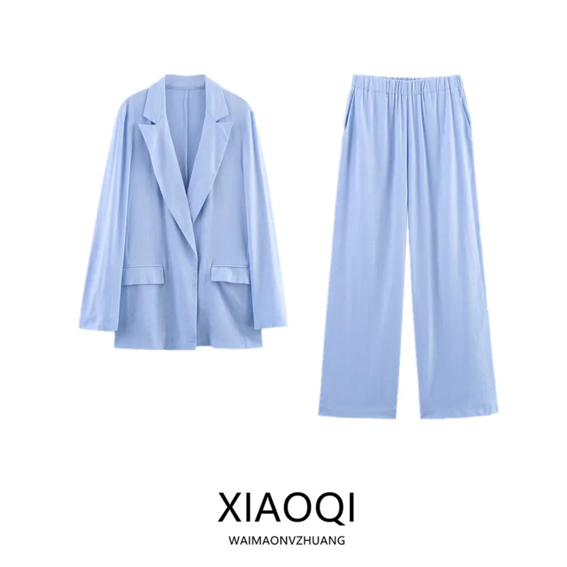 

Summer 2025 Women's Casual Wrinkle Effect Open Front Suit Jaet Long Pants Faion Set 25-35 Years Old Suitable