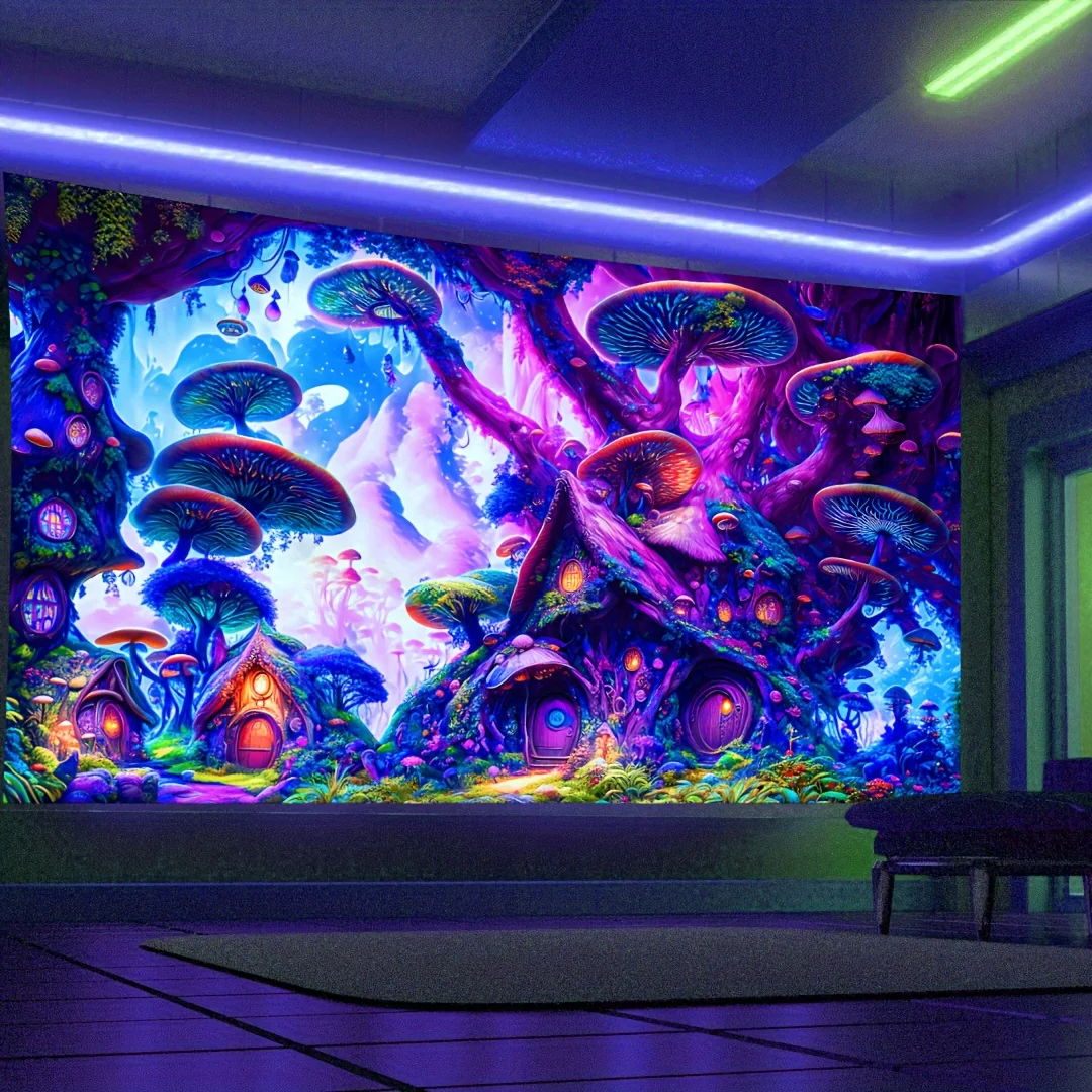 VIKAMA Neon Fantasy Mushroom Wandteppich, Retro-Trend-Wanddekoration für Schlafzimmer, personalisierter künstlerischer Polyester-Wandteppich