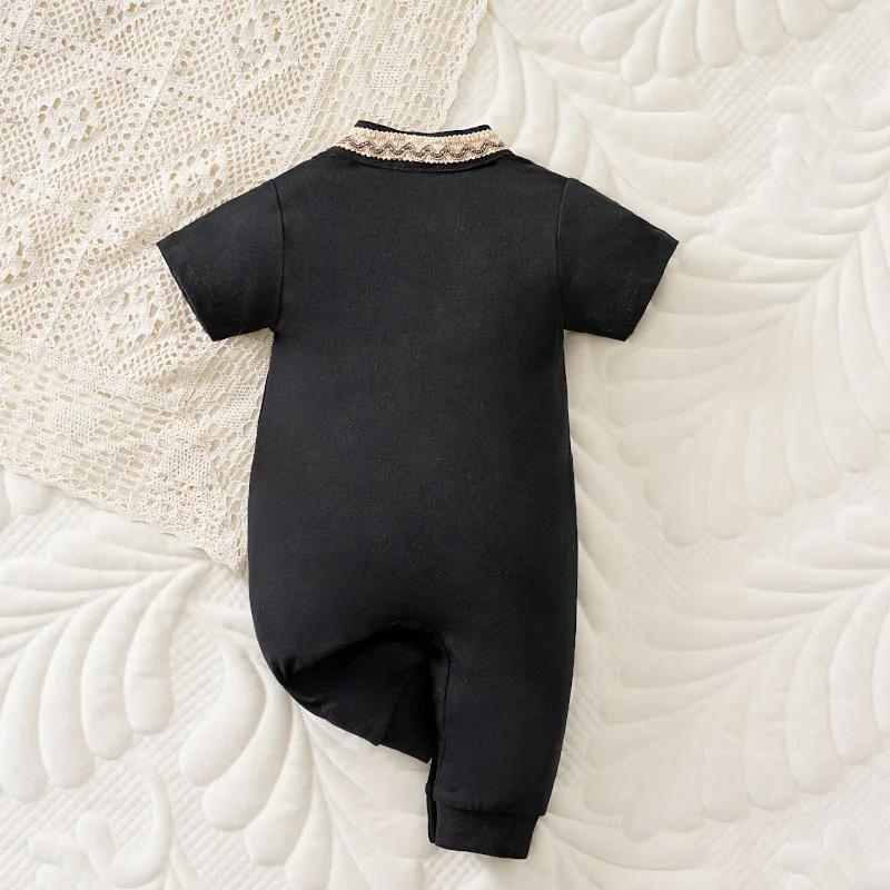 Ethnic Style Baby Bodysuit Black Cotton Romper with Traditional Print for Infants Newborn Knitted Short Sleeve Summer Onesie