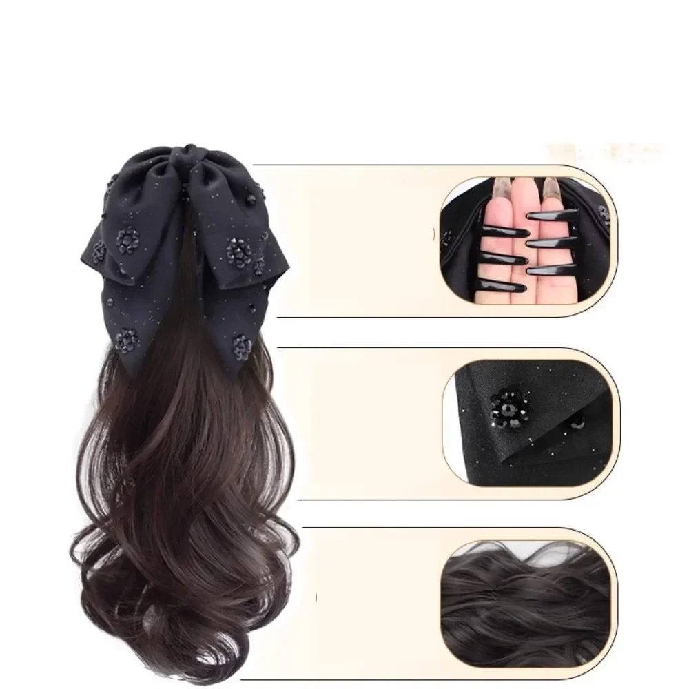 Wig sintetis pita simulasi simpul pita puffy keriting ambil klip Wig ekor kuda hiasan kepala wanita ekstensi 40CM