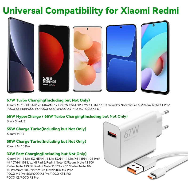 Cargador Xiaomi 67W Tipo C Turbo Original, Adaptador de Carga Rápida 6A, Cable para Mi 15T 13T 12 11, Redmi Note 12T 13 