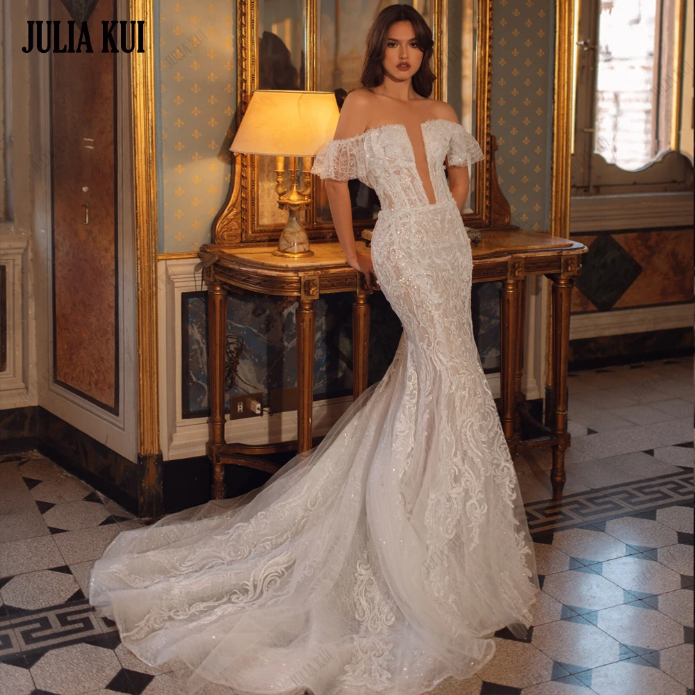 Julia Kui Charming Lace Mermaid Wedding Dresses Elegant Beading Appliques Lace Off Shoulder Women Trumpet Bridal Gowns