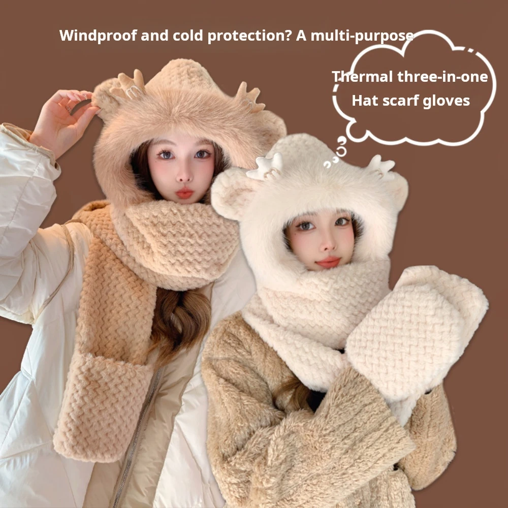 Plush Hat Fall And Winter Scarf Hat Two-in-one Warm Ear Protection Hat Thickened Plush Cap Cold Protective Ear Headgear Cap