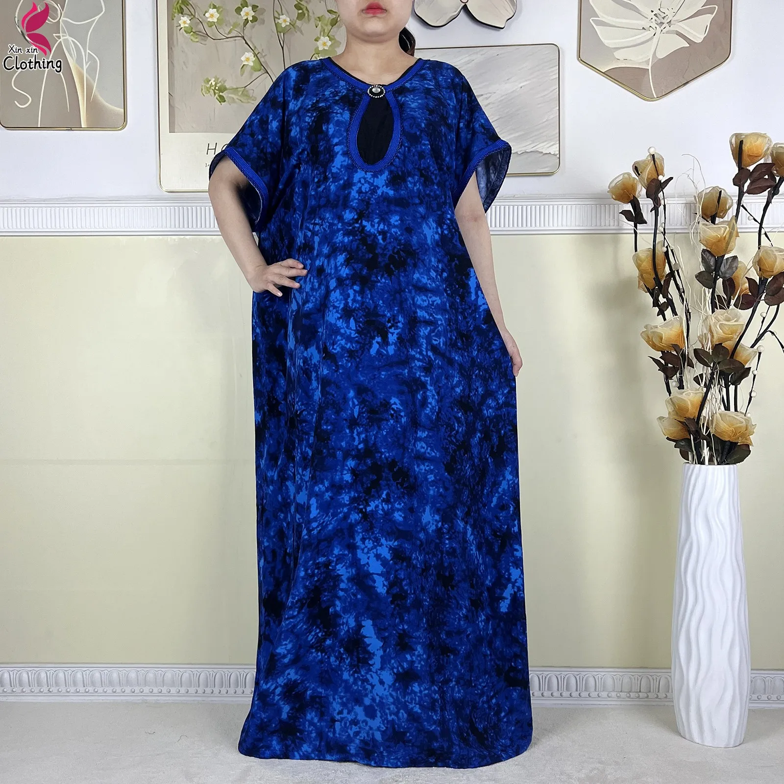 Nouveau Abayas musulmanes mode femmes robe en coton été à manches courtes cravate-teint imprimé africain caftan ample Femme Abaya avec écharpe