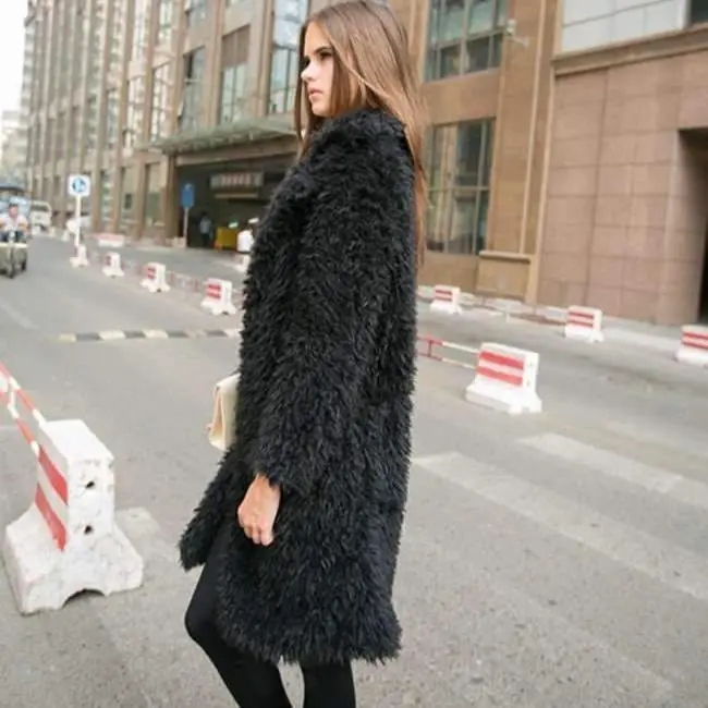 Women Faux Fur Coats Full Sleeve Turn Down Collar Splice Casual Loose Mid Length Coat Thick Warm Jackets Winter Outerwear