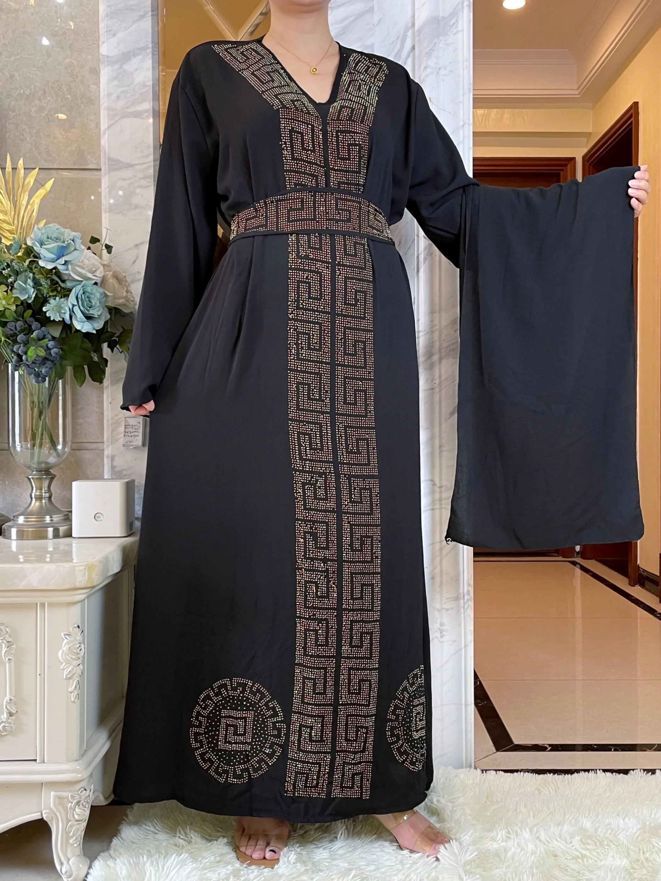 New African Autumn Abaya For Women Dubai Islamic Dress Black Diamonds Long Sleeve Arab Muslim Evening Dress Party Clothing