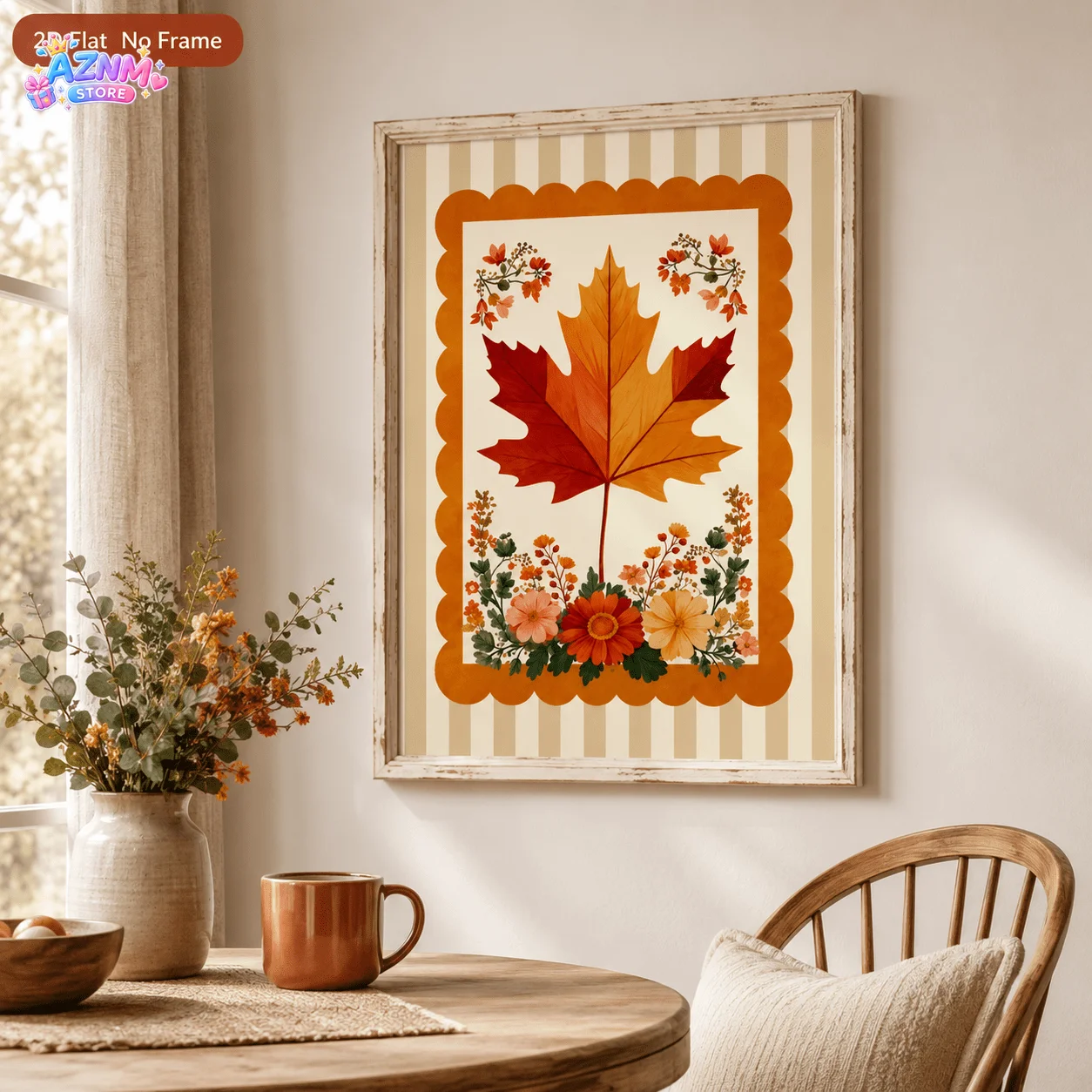 2D Flat, 1pc,Frameless Canvas Painting,Autumn Maple Leaf Fall Floral Scalloped ,Vintage Style Canvas Printing Painting,Bedroo