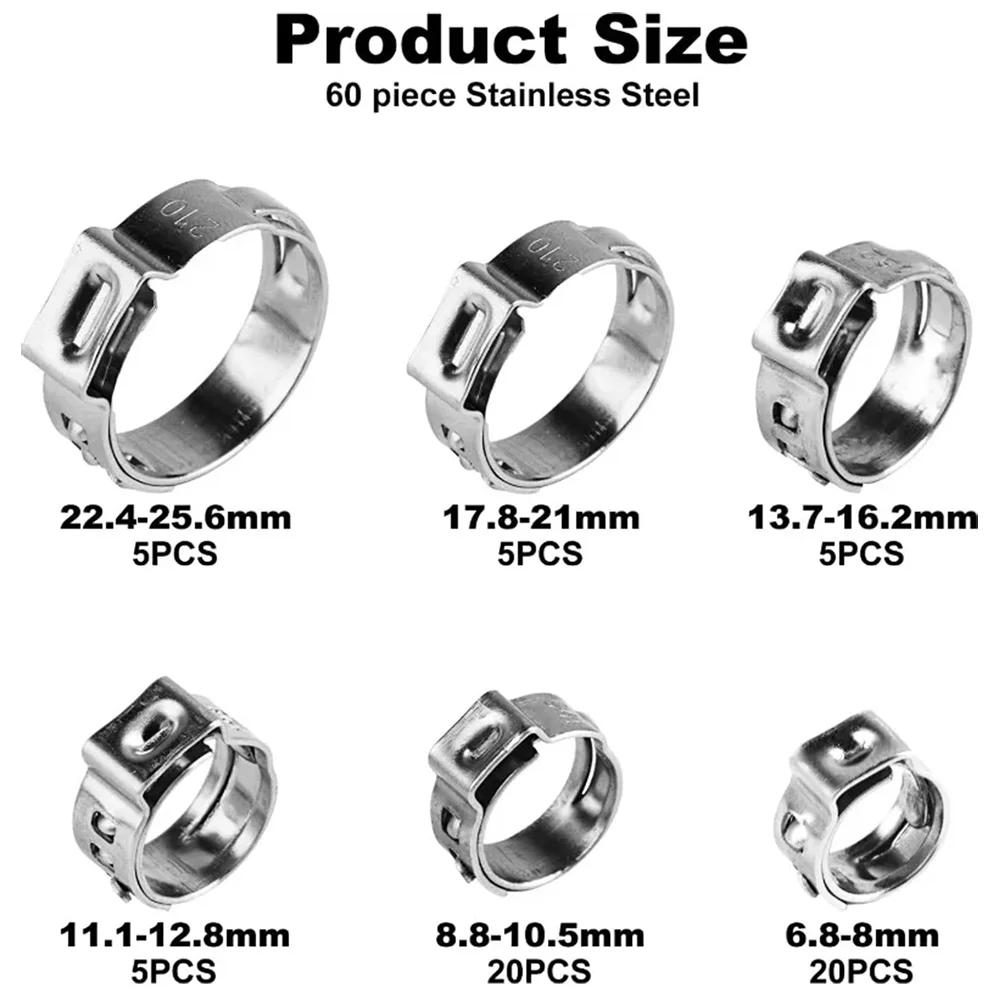 60PCS 6.8-25.6mm 304 Stainless Steel Single Ear Hose Clamp Stepless Cinch Clamp Rings Kit for Plumbing Pipe Fitting Connection