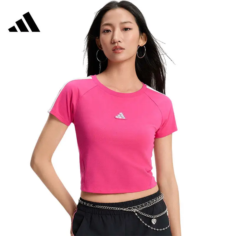 

Женская футболка Adidas с коротким рукавом, летняя коллекция 2026, спортивная повседневная, ярко-розовая, с круглым вырезом, модель KS0278